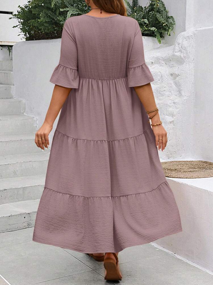 Plus Size Women's Deep V-Neck Ruffle Sleeve Multi-Tiered Hem Long Yellow Dress For Summer