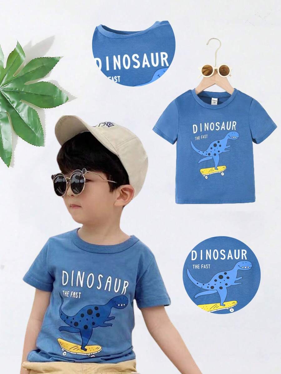 Playera azul linda de verano con estampado de dinosaurio y patín para niños - Azul Marino - Ver 1