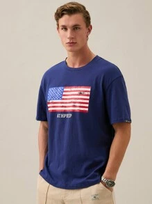 Manfinity NXTstreet Men's Loose Fit Short Sleeve Usa T-Shirt Featuring American Flag Print, Round Neckline, Perfect For Summer,Back To School - Royal Blue - View 4