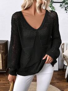 SHEIN LUNE Einfacher einfarbiger Pullover mit ausgeschnittenem Sternmuster für den Lässig-Alltag, gestrickter Pullover für Herbst und Winter - Schwarz - Übersicht 4