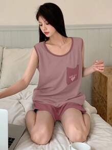 DAZY Màu sắc tương phản đơn giản Trang trí hình trái tim & chữ in Bộ đồ ngủ không tay và quần short - Hồng - Xem 3