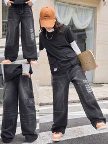 SHEIN Explorewe Boys' Loose Fit Personalized Letter Pattern Jeans, Denim Pants - Black - View 1