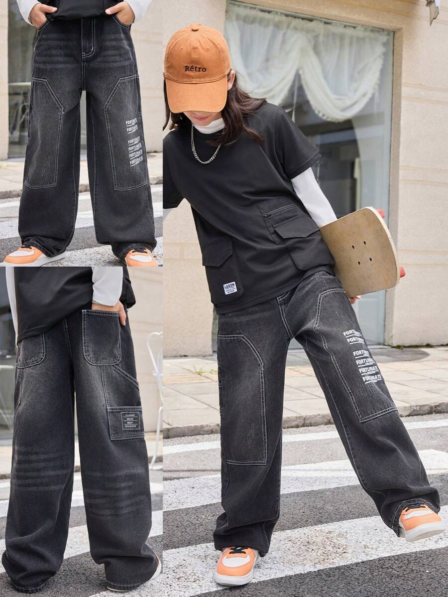 SHEIN Explorewe Boys' Loose Fit Personalized Letter Pattern Jeans, Denim Pants - Black - View 1