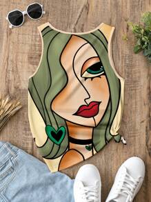 EMERY ROSE Face Print Fitted Sleeveless T-Shirt Tank Top For Women,Casual - Green - View 7