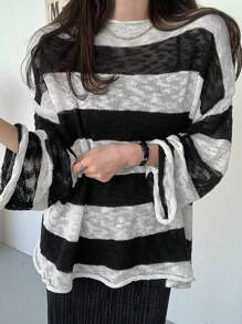 DAZY Women's Loose Fit Black And White Striped Sweater Fall - Black and White - View 5