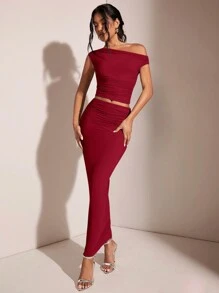 SHEIN BAE 女士不对称领口不对称领口上衣和褶皱优雅裙子套装