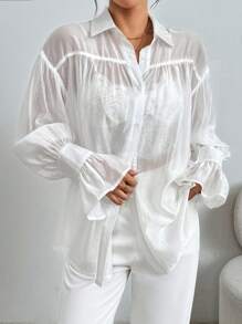 Chiquease Sheer Fabric Ruched Bell Sleeve Commute Elegant Women's Shirt Outfits  Fall Women Clothes