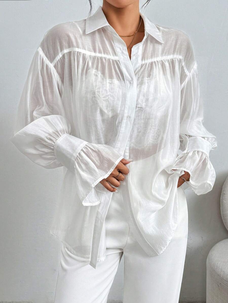 Chiquease Sheer Fabric Ruched Bell Sleeve Commute Elegant Women's Shirt Outfits  Fall Women Clothes