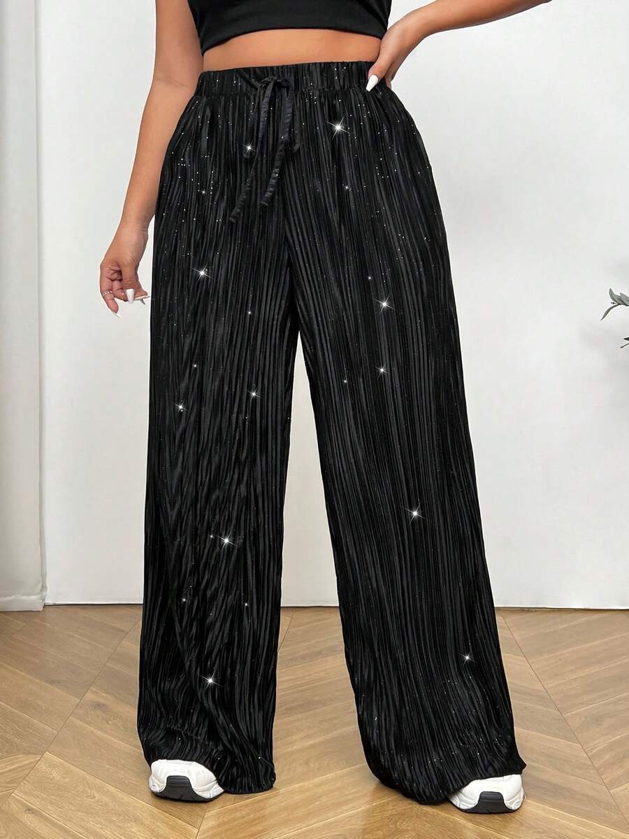 CovetEZ Plus Size Drawstring Sequin Loose Straight Leg Casual Comfy Pants - Black - View 1