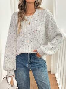 SHEIN LUNE 休闲圆领长袖套头毛衣，秋冬针织套头衫 - 白色 - 查看 1