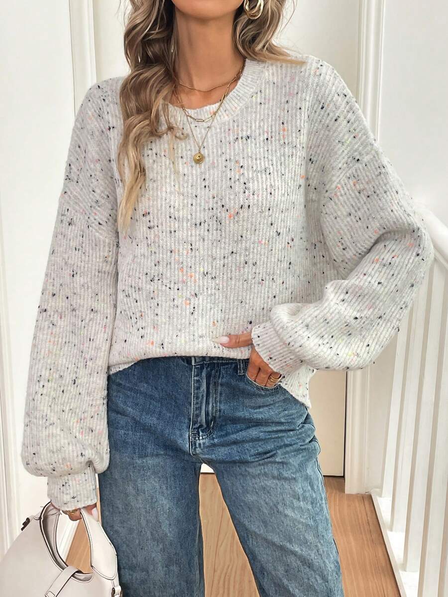 SHEIN LUNE 休闲圆领长袖套头毛衣，秋冬针织套头衫 - 白色 - 查看 1