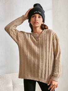 SHEIN Tween Girls' Loose Casual Pullover Sweater With Contrasting Bow Decor And Side Slit, Comfy And Versatile For Early Autumn - Khaki - View 6