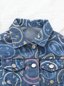 Young Girl Casual Cute Face Pattern Button Front Flat Pockets Denim Jacket - Light Wash - View 5