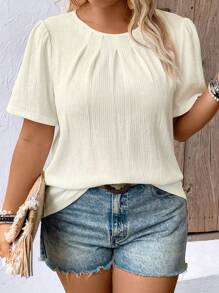 Momelise 大码女式休闲纯色简约日常圆领短袖衬衫 - 杏色 - 查看 1