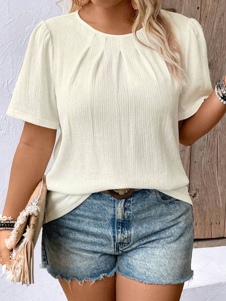 Momelise 大码女式休闲纯色简约日常圆领短袖衬衫 - 杏色 - 查看 1