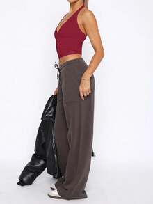 Mystra Women's Solid Color Sexy Backless Halter Neck Top - Burgundy - View 5