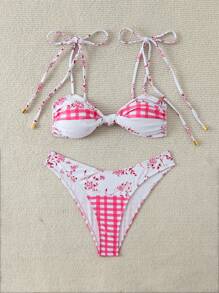 SHEIN Swim 女士随机印花系带扭纹细节上衣和全印花格子泳裤比基尼套装，夏季泳衣 - 粉色 - 查看 5