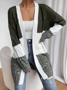 SHEIN LUNE Bicolor Cable Cable Casual Long Sleeve Knit Cardigan - Multicolor - View 5