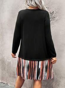 Plus Size Leisure Colorblock Striped Patchwork Dress Fall Cloth For Women - Multicolor - View 2