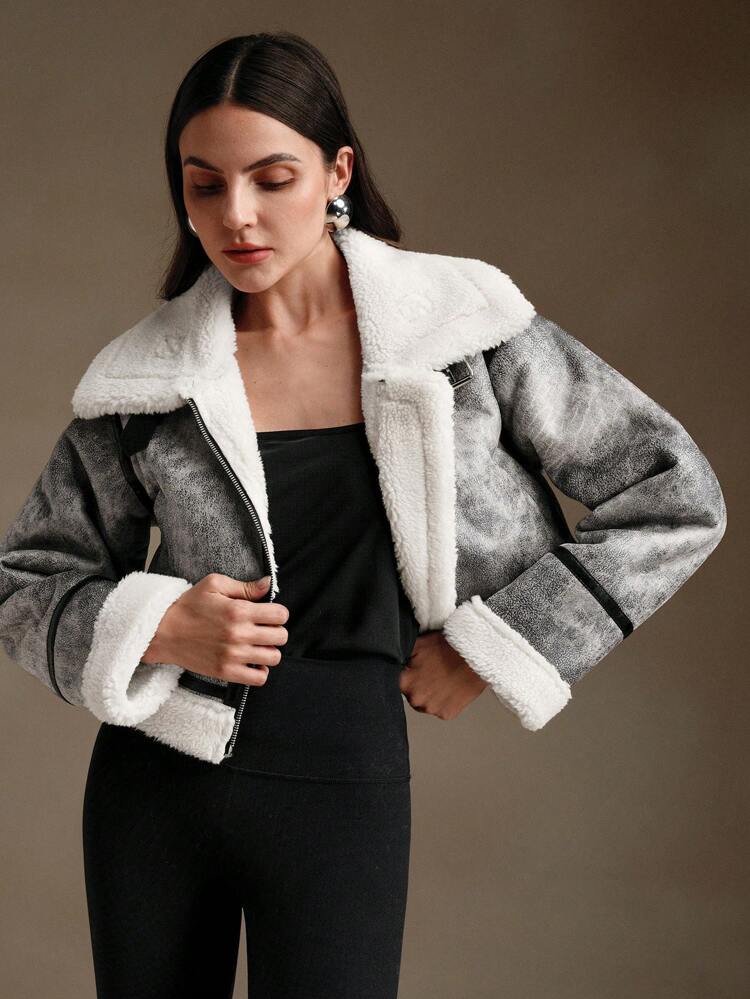 Fashion Contrast Color Lapel Dual Pocket Cropped Women Jacket