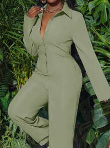 Slaydiva 024 新款夏季休闲优雅度假日常长袖纽扣直筒纯色连体裤 - 绿色 - 綠色 - 查看 7