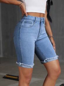 Pantalones cortos de mezclilla ajustados con bolsillos, unicolor, de verano, para mujer - Azul lavado medio - Ver 5