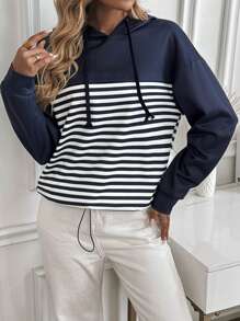 SHEIN LUNE Women's Spring & Summer Striped Patchwork Hooded Drawstring Navy Sweatshirt - Navy Blue - View 5