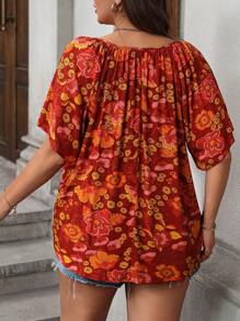 SHEIN LUNE Plus Size Lace-Up Allover Print Short Sleeve Shirt For Summer Outfits Teacher Outfits