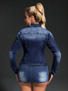 SHEIN SXY 女士休闲褪色牛仔夹克 - 深色水洗藍 - 查看 3