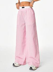 SHEIN EZwear Women's Back To School Street Style Cool Casual Women Spliced Waist Blue Plaid Weaved  Long Pants - Pink - View 6