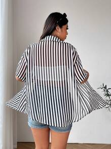 SHEIN EZwear Plus Size Women's Summer Black And White Striped Drop Shoulder Casual Blouse