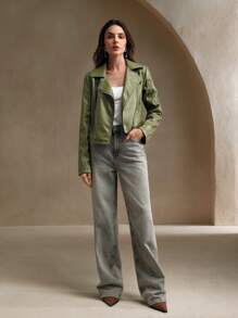 Anewsta 时尚合身休闲激光切割刺绣短夹克 - 軍綠色 - 查看 6