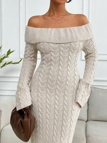 EURMUSE Elegant Off Shoulder Raffle Detailed Neckline Cable Knit Front Slit Maxi Sweater Dress - Beige - View 7
