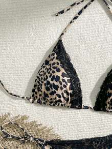 Swim Vcay 2025 Leopard Print Lace Trim Halter Bikini Set, Random Print Summer