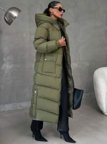 EURMUSE Finger Cut Detailed Cuff, Hooded, Patch Pocket Keeping Warm Puffer Jacket - Khaki - View 2