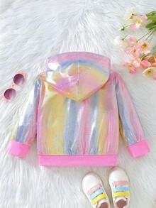 SHEIN Jaqueta metalizada brilhante colorida para meninas, jaqueta casual de beisebol rosa para meninas, primavera e outono - Rosa chiclete - Visão 2
