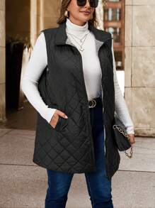 SHEIN Clasi 大码女式菱形图案无袖简约棉服外套 - 黑色 - 查看 6