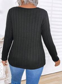 Plus Size Women Asymmetrical Hem Buttoned Casual Pullover Top Tee Shirt In Black, Fall/Winter - Black - View 2