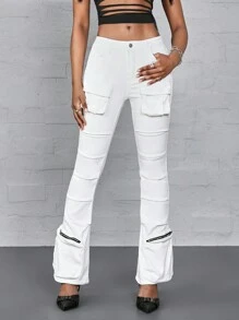 SHEIN ICON Quần Jeans Skinny Bootcut Nhiều Túi Màu Trơn Thường Ngày Cho Nữ - trắng - Xem 3