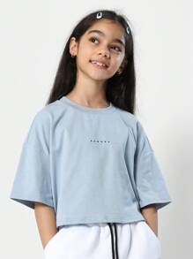 SUMWON Tween Girl 字母图案贴片短款 T 恤 - 藍色 - 查看 1