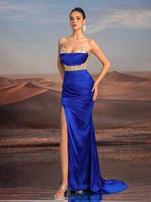 Glamrae 优雅精致的蓝色海洋主题细肩带心形领口骨胸围透明刺绣珍珠侧高开叉鱼尾舞会礼服、正式晚礼服，适合婚礼嘉宾、毕业典礼、晚宴 - 寶藍色 - 查看 7