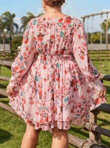 Flirla Vestido de manga larga con cuello en V y estampado floral para tallas grandes