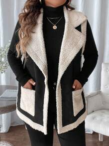 SHEIN LUNE Plus Size Dames Colorblock Zakken Opstaande Kraag Mouwloos Los Jack, Winter