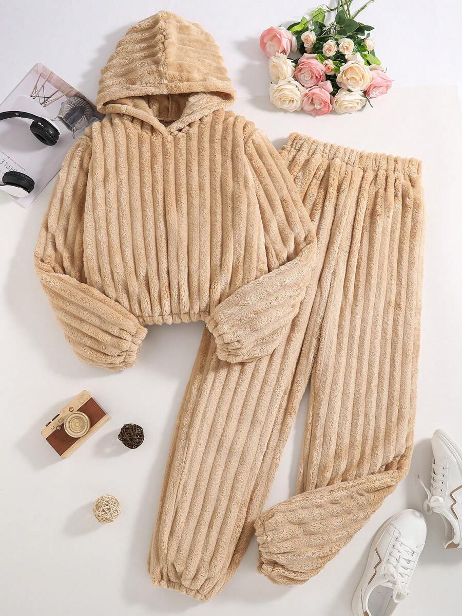 2 bucăți de culoare solidă cu glugă cu mâneci lungi și pantaloni costum casual pentru fete adolescente - cafea maro - Vizualizare 1