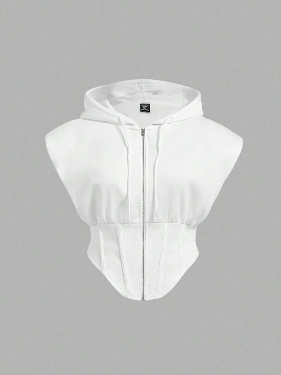 SHEIN MOD Große Größen Weiß Kapuzen Weitgurt Taille formende Reißverschluss Fischgräten Sweatshirt - Weiss - Übersicht 1