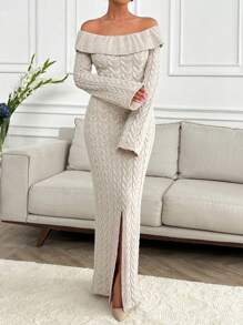 EURMUSE Elegant Off Shoulder Raffle Detailed Neckline Cable Knit Front Slit Maxi Sweater Dress - Beige - View 6