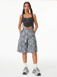 SHEIN EZwear Women's Leopard Print Loose Wide-Leg Bermuda Shorts - Grey - View 5