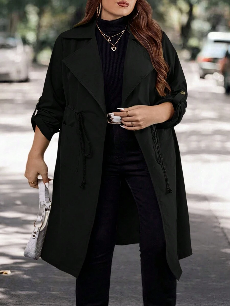 SHEIN CURVE+ Abrigo de trinchera con cintura con cordón y mangas con dobladillo en otoño/invierno, talla grande