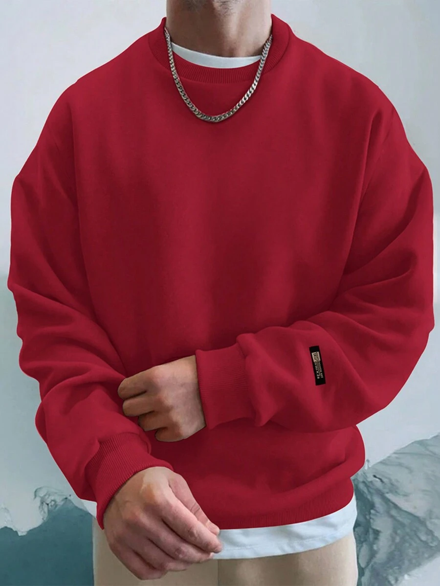 RueChic Men Solid Drop Shoulder Thermal Lined Sweatshirt - Red - View 1