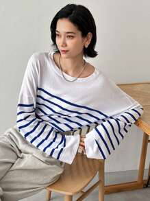 FRIFUL Women's Crew Neck Striped Long Sleeve Loose Knit Sweater, Casual Fall - Blue - View 5